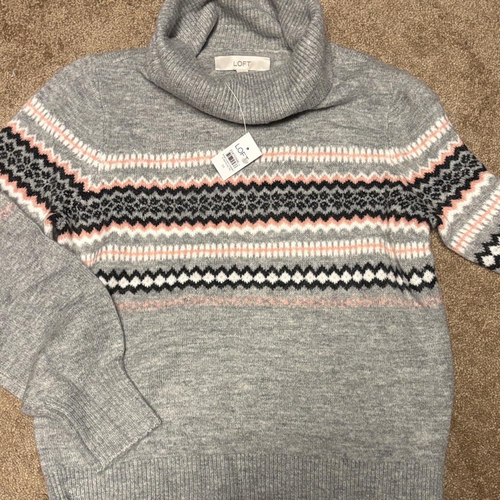 LOFT Gray Knit Sweater with Patterned Accents